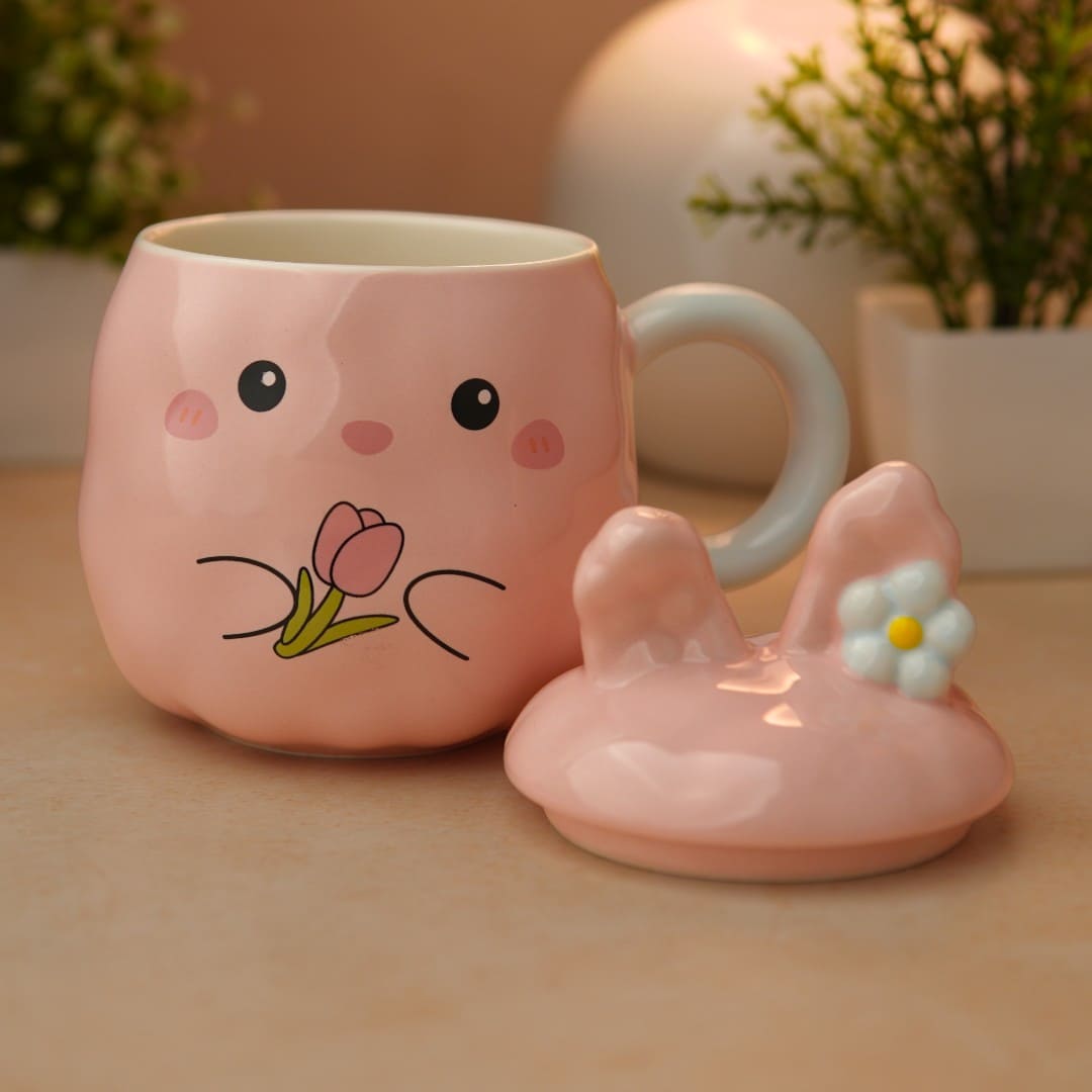 Blush Bunny Ceramic Mug (With Lid) - Pink