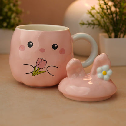 Blush Bunny Ceramic Mug (With Lid) - Pink