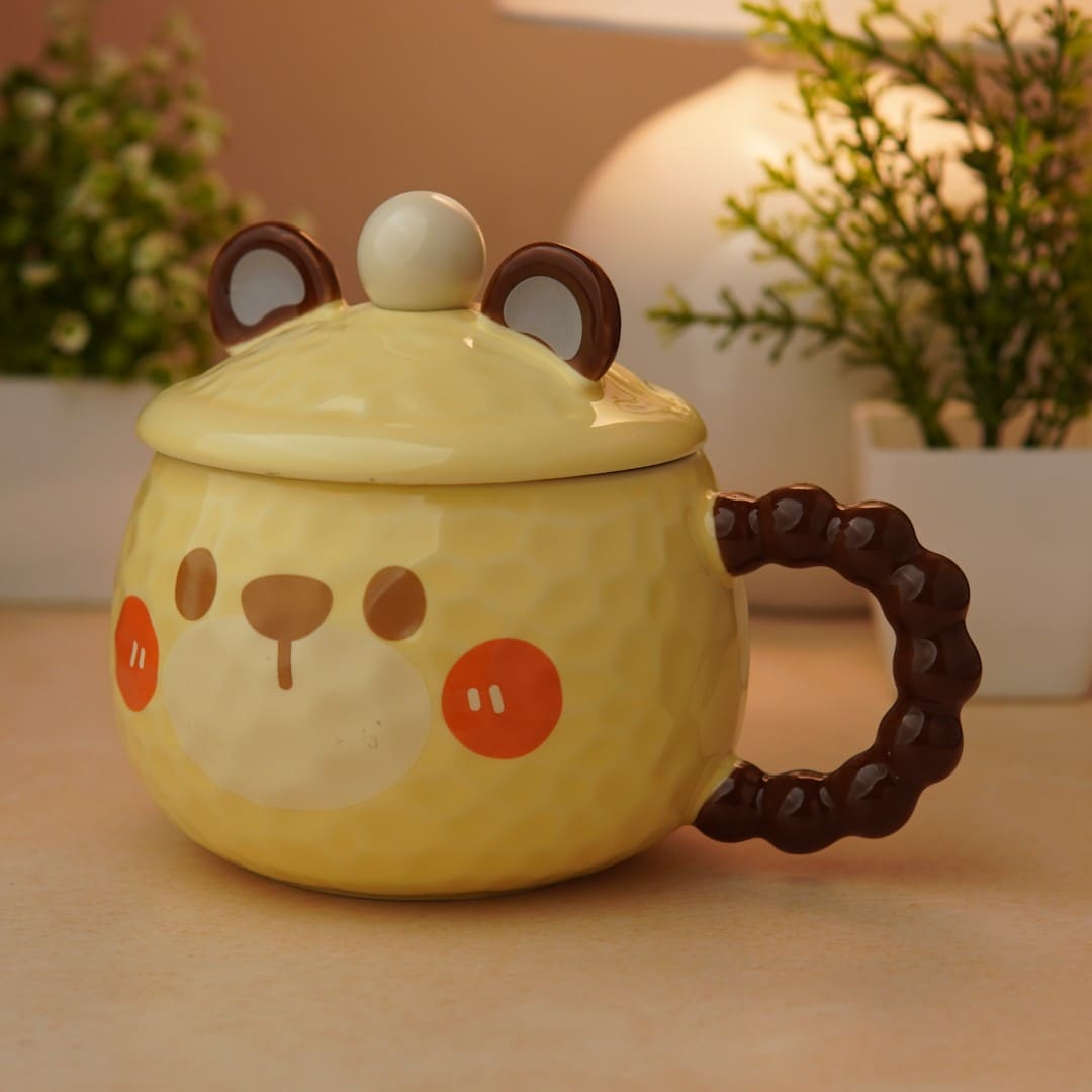 Mellow Bear Ceramic Mug (With Spoon and Lid) - Yellow