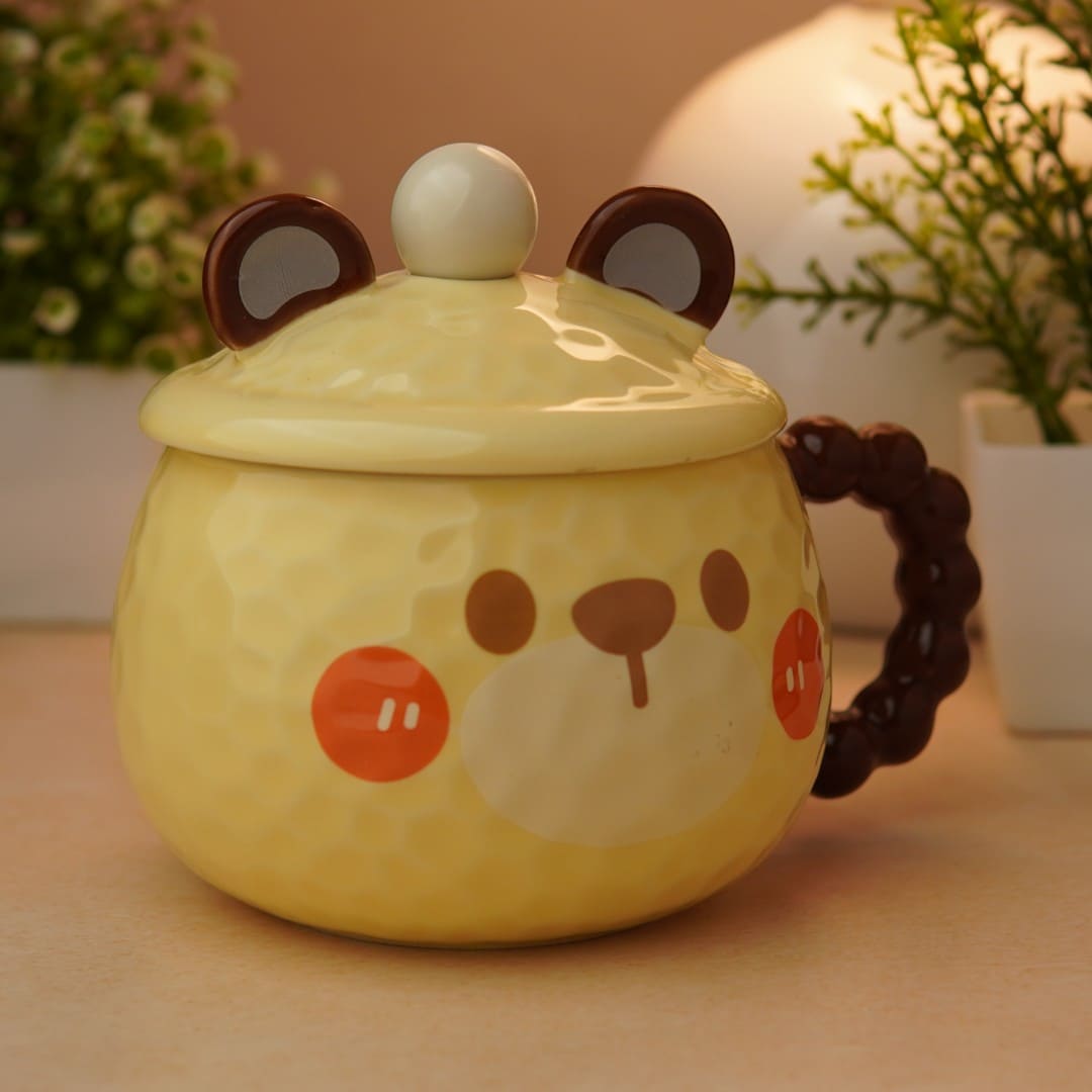 Mellow Bear Ceramic Mug (With Spoon and Lid) - Yellow