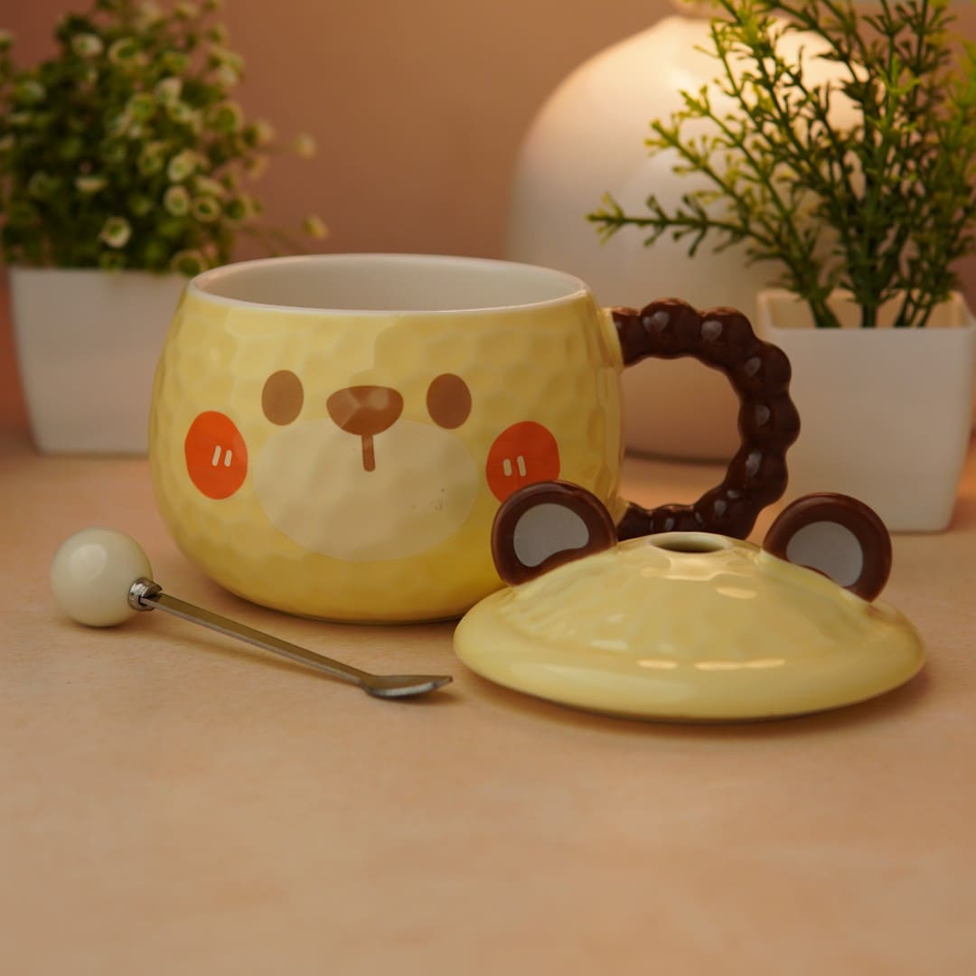 Mellow Bear Ceramic Mug (With Spoon and Lid) - Yellow