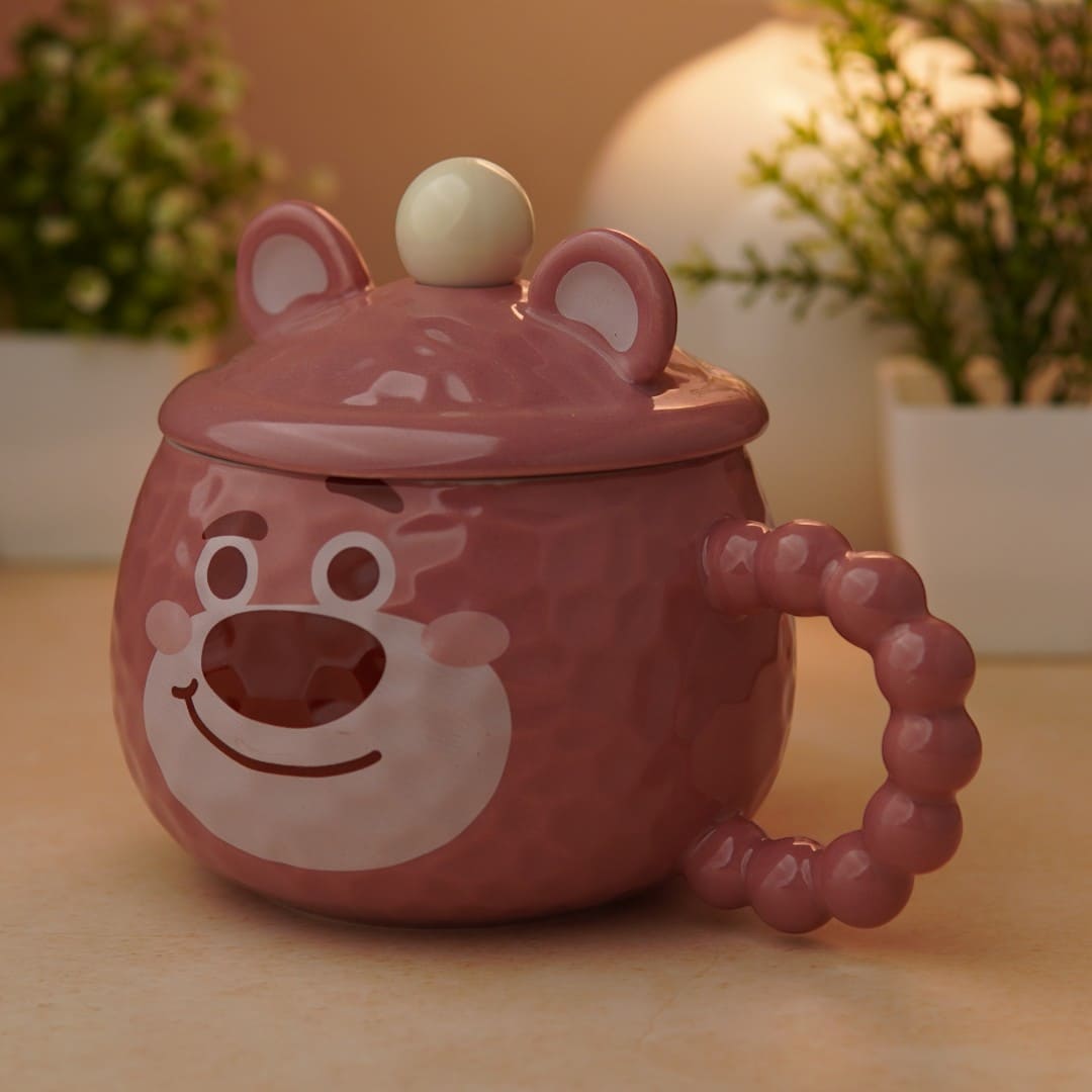 Mellow Bear Ceramic Mug (With Spoon and Lid) - Dusty Pink