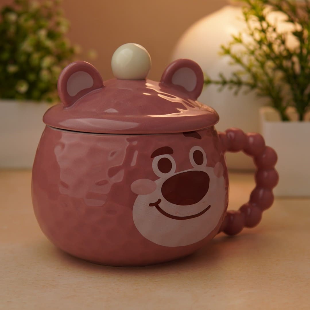 Mellow Bear Ceramic Mug (With Spoon and Lid) - Dusty Pink