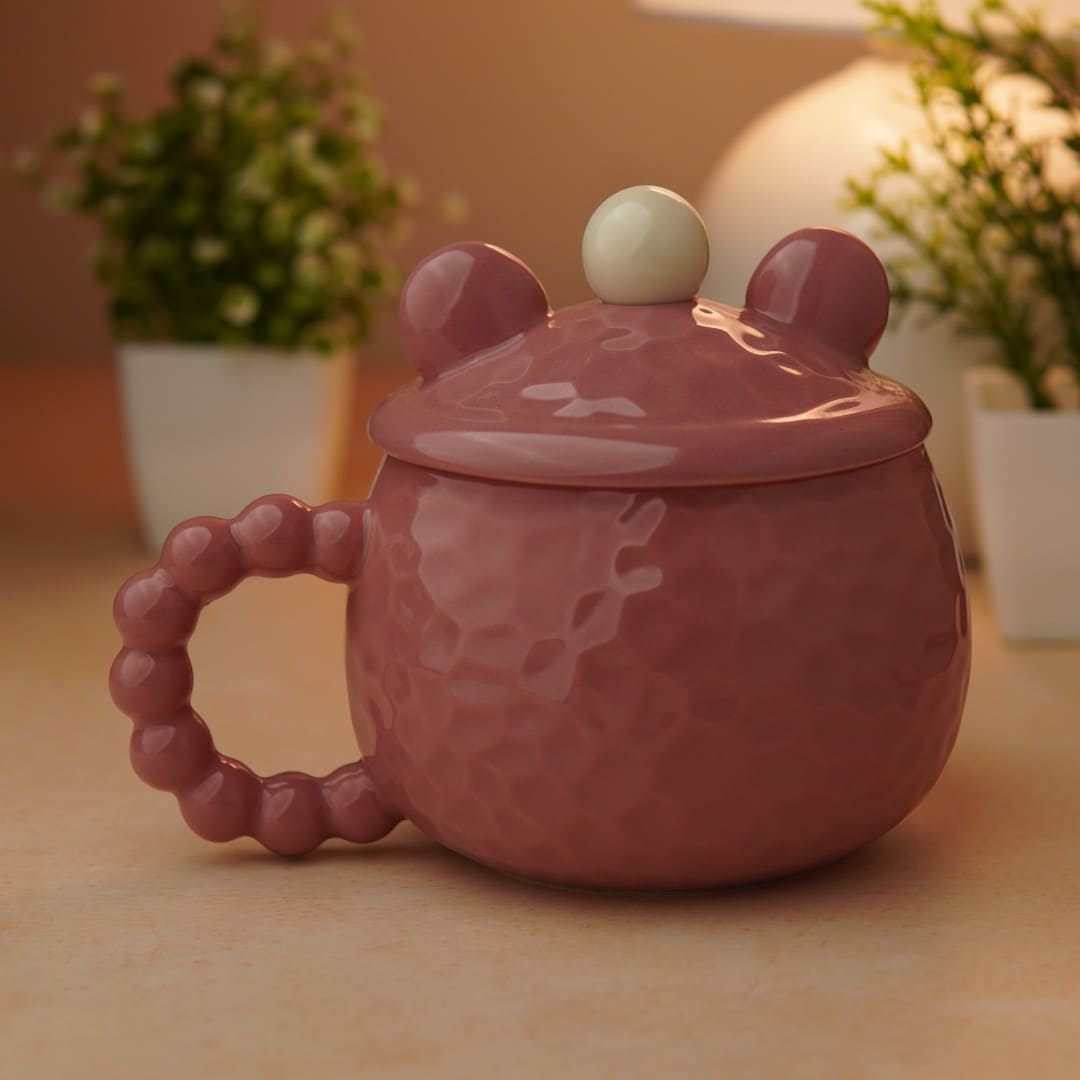 Mellow Bear Ceramic Mug (With Spoon and Lid) - Dusty Pink