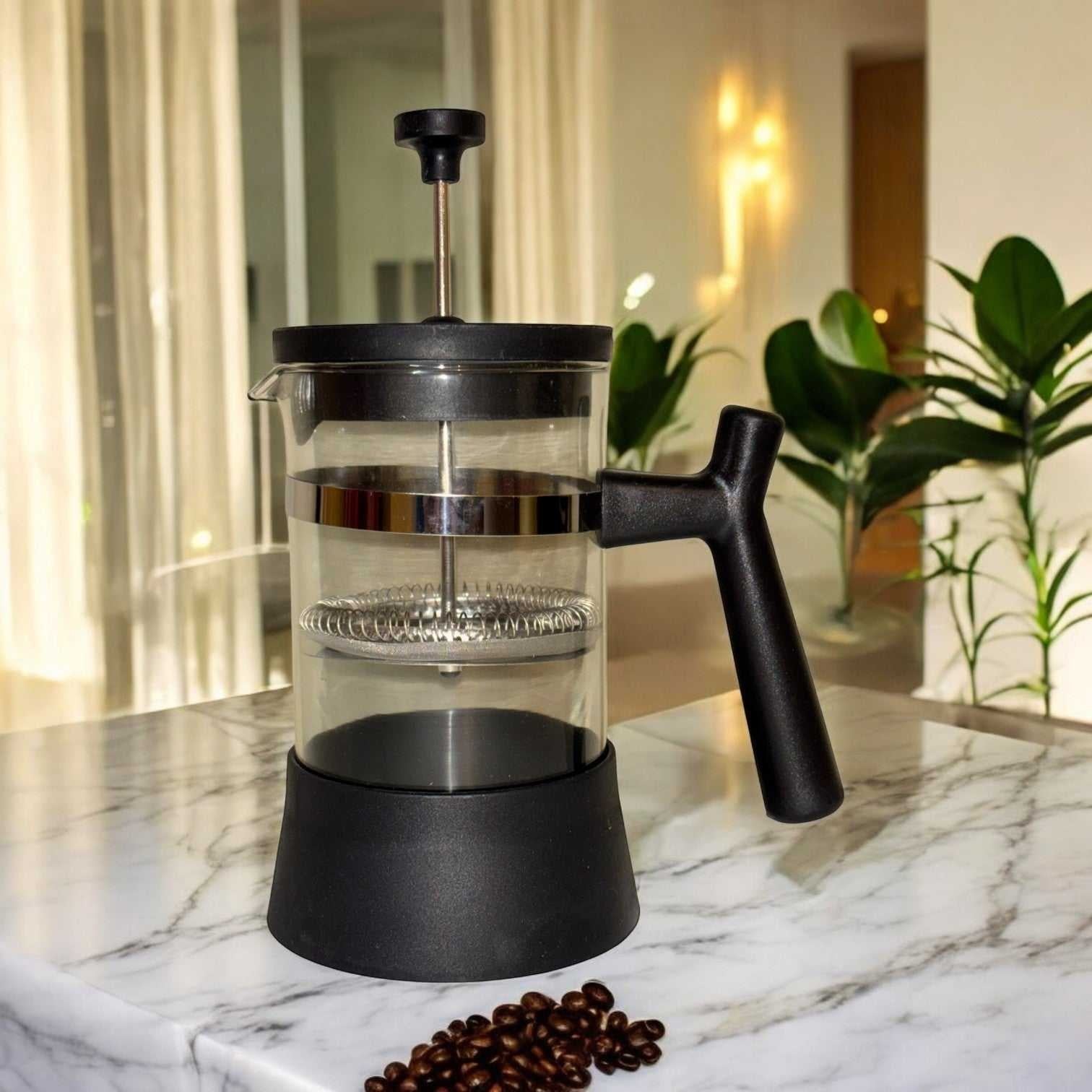 Matte Black Glass French Press with Modern Angular Grip (600 ml)