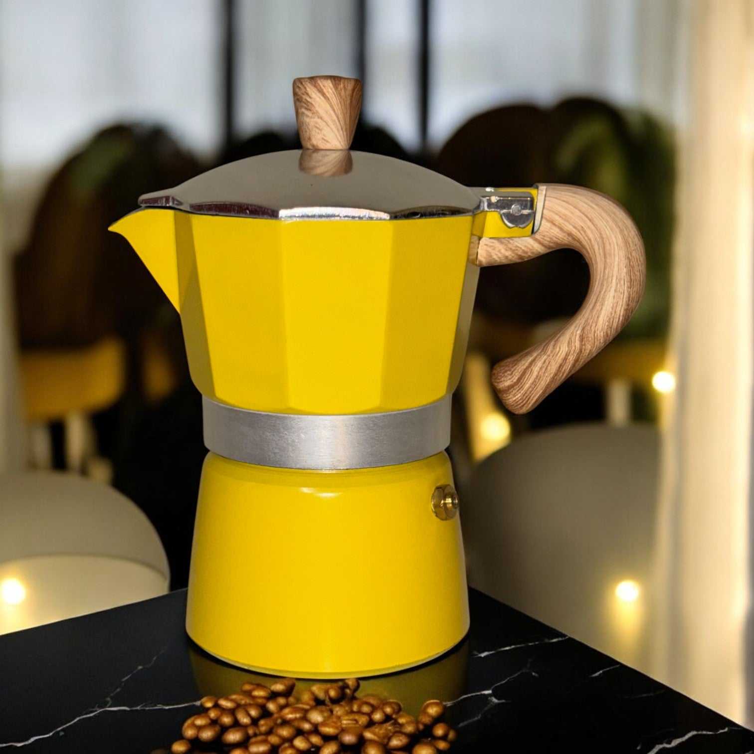 Moka Pot with Elegant Wooden Handle (150ml / 3 Cup) - Yellow