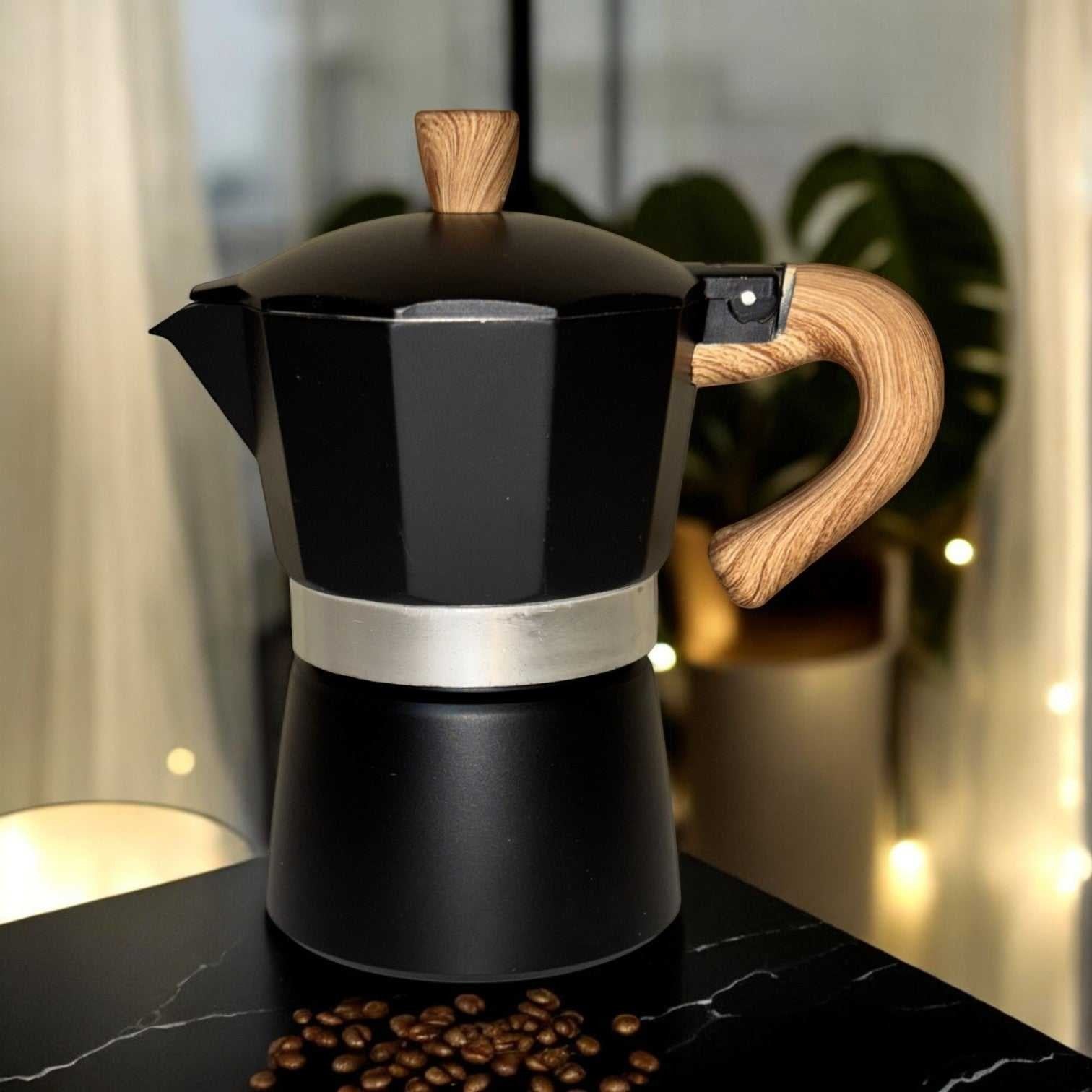 Moka Pot with Elegant Wooden Handle (150ml / 3 Cup) - Black