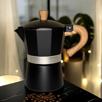 Moka Pot with Elegant Wooden Handle (150ml / 3 Cup) - Black