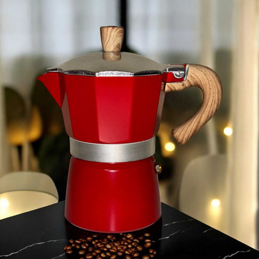 Moka Pot with Elegant Wooden Handle (150ml / 3 Cup) - Red