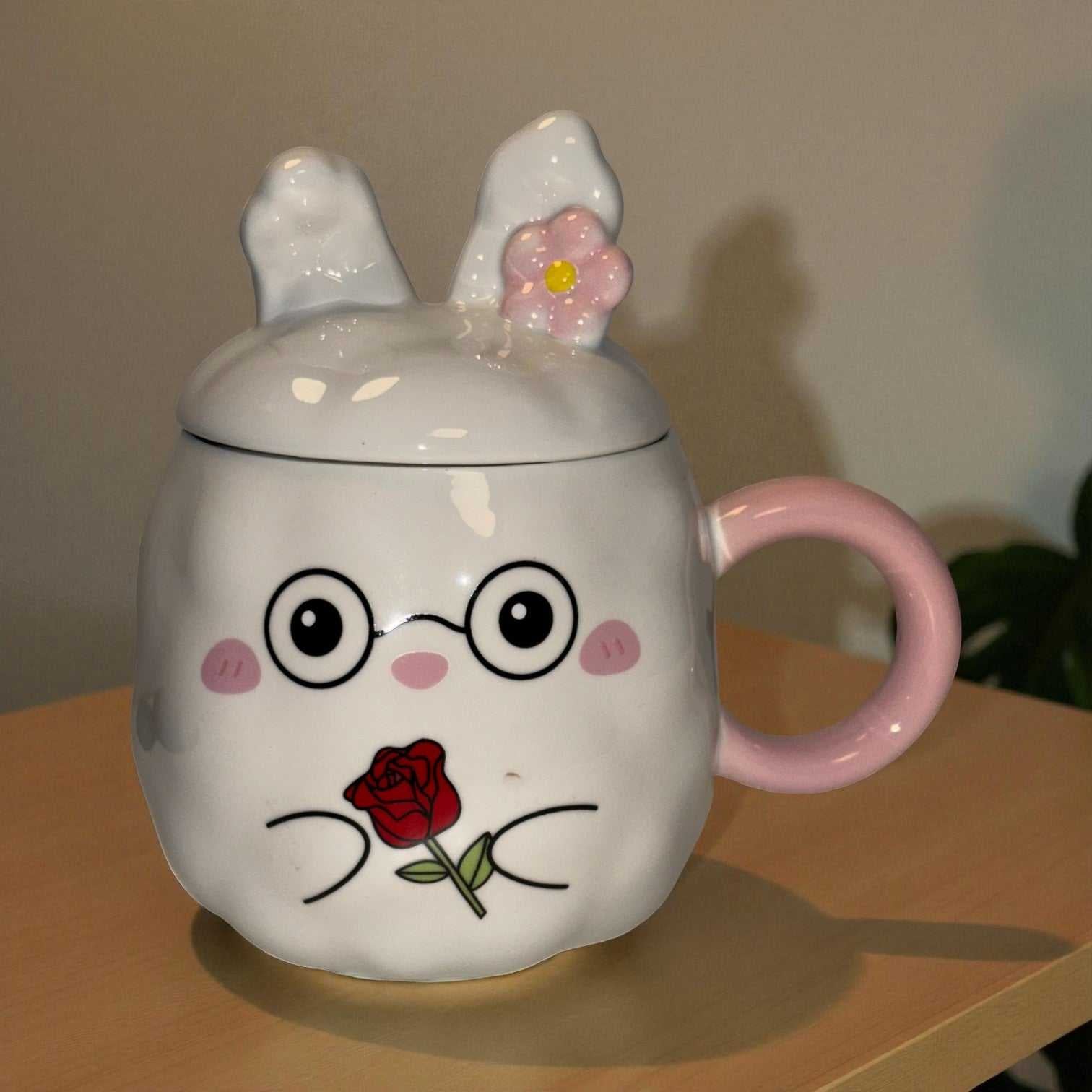 Blush Bunny Ceramic Mug (With Lid) - White