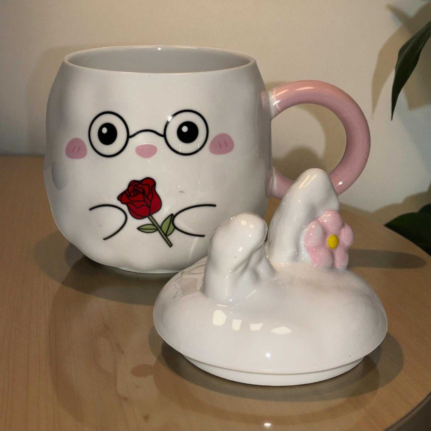 Blush Bunny Ceramic Mug (With Lid) - White