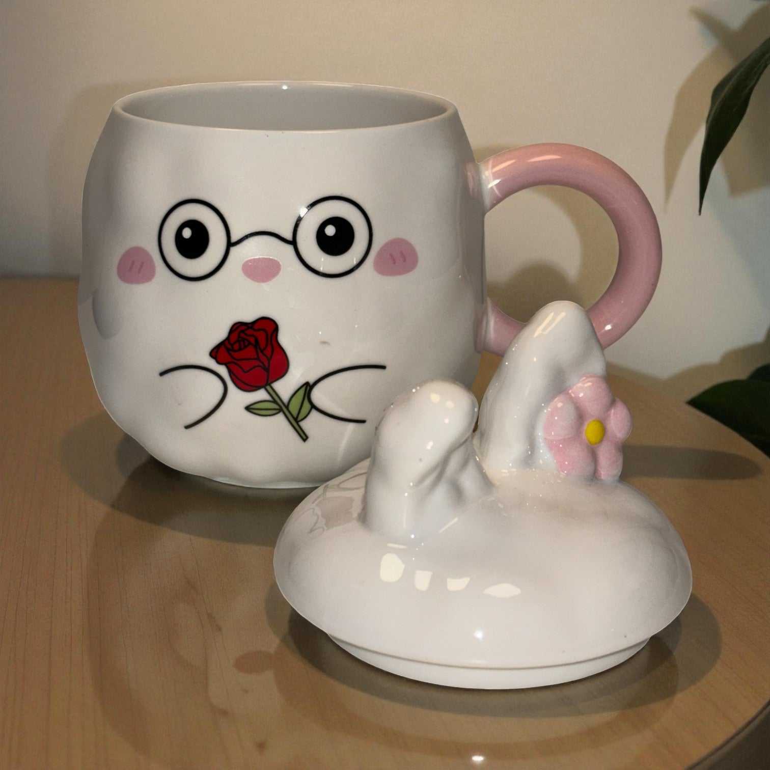 Blush Bunny Ceramic Mug (With Lid) - White