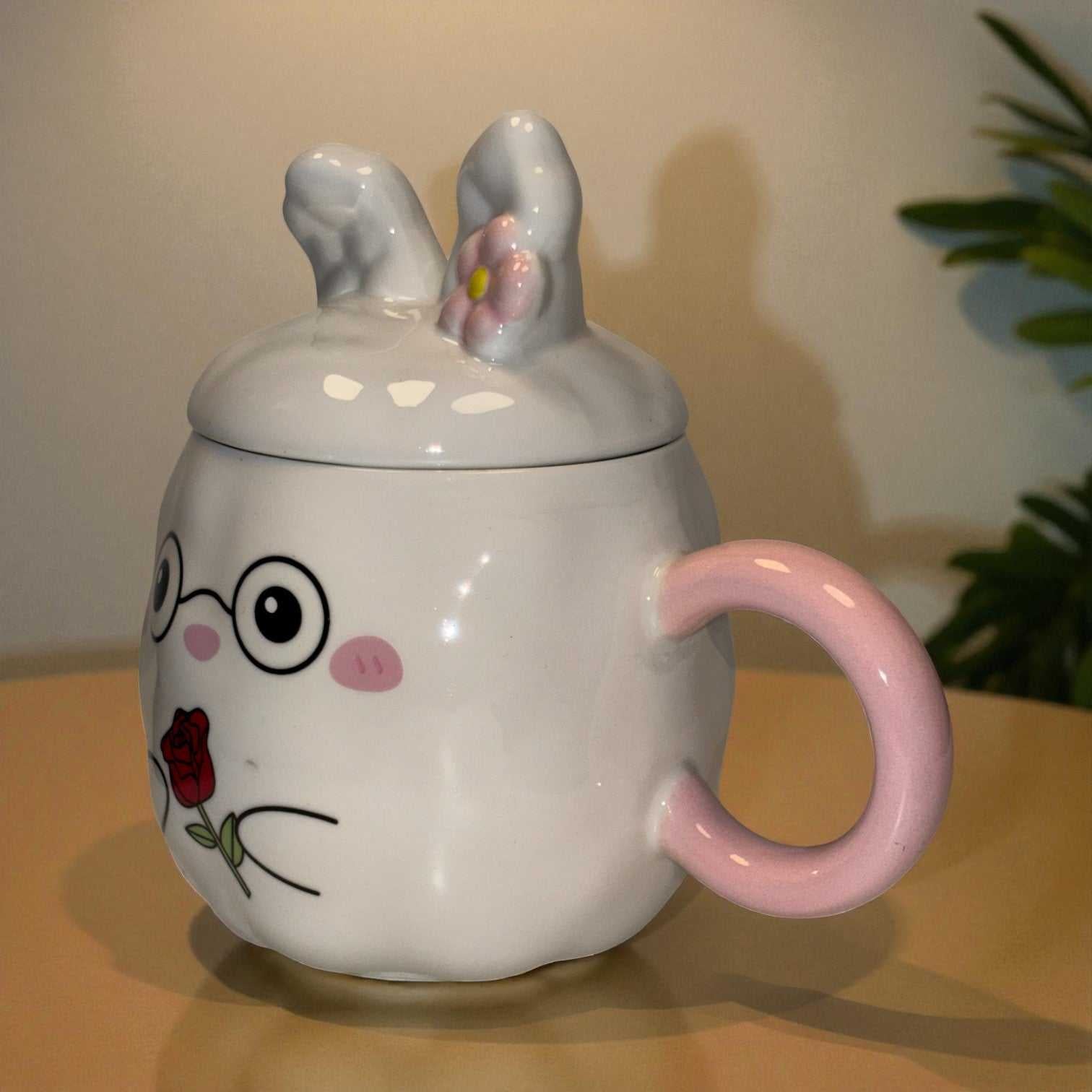 Blush Bunny Ceramic Mug (With Lid) - White