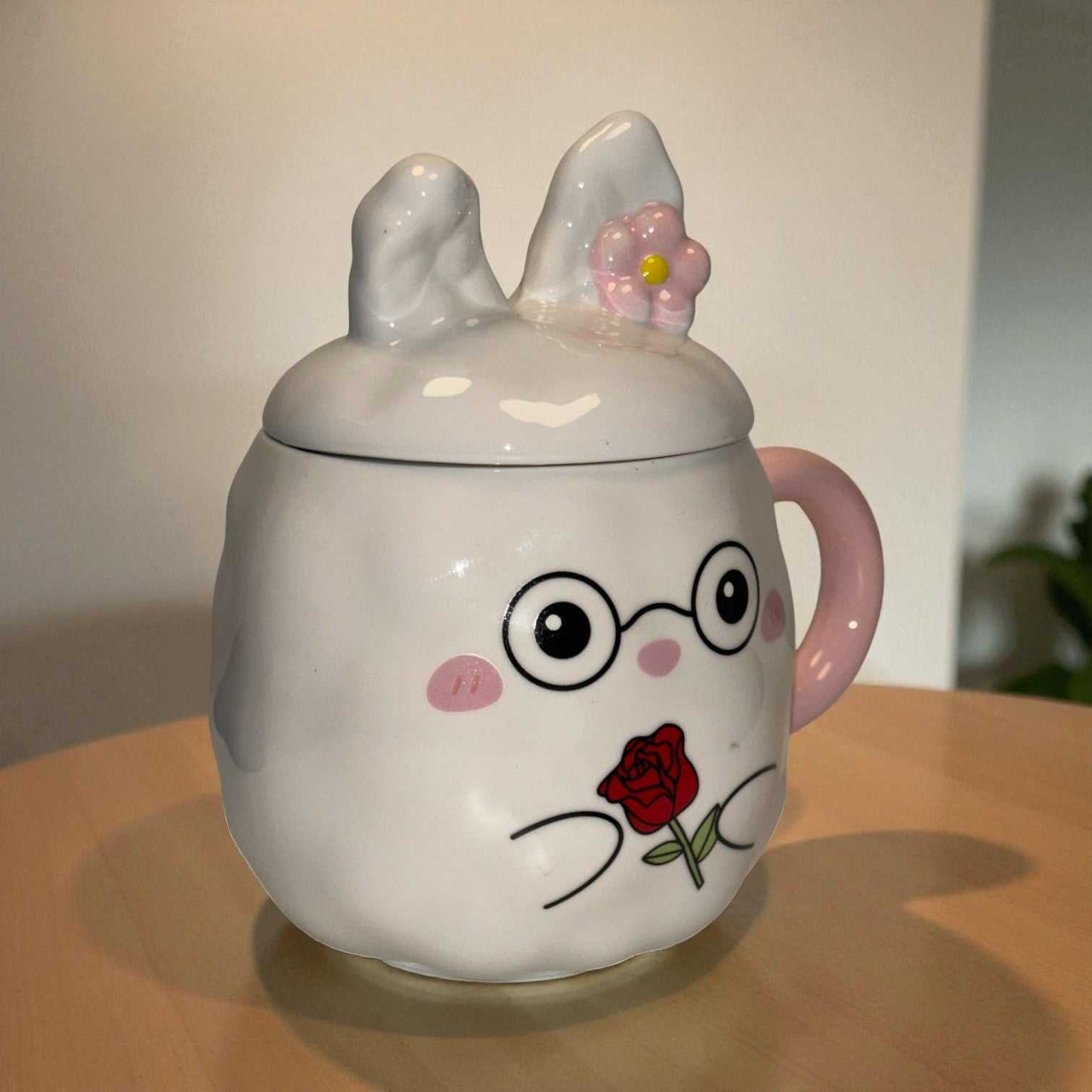 Blush Bunny Ceramic Mug (With Lid) - White