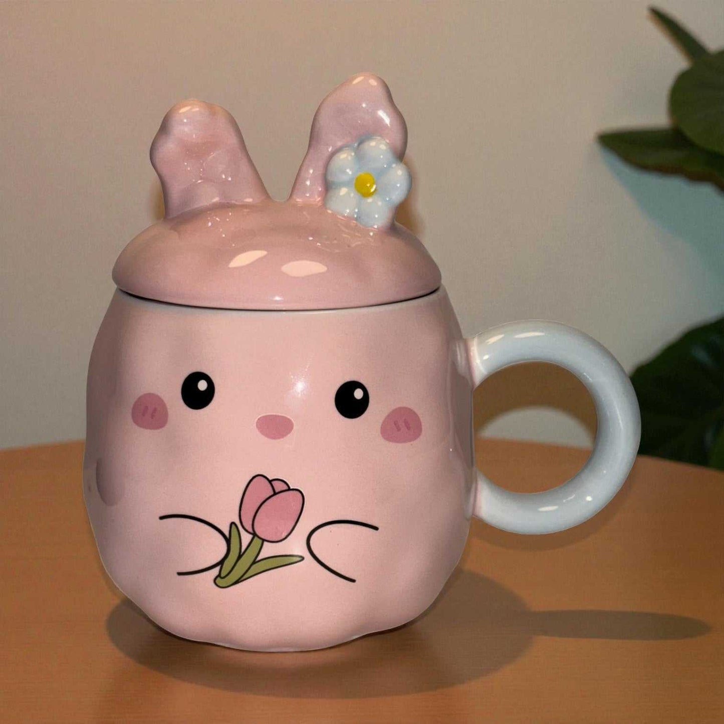 Blush Bunny Ceramic Mug (With Lid) - Pink