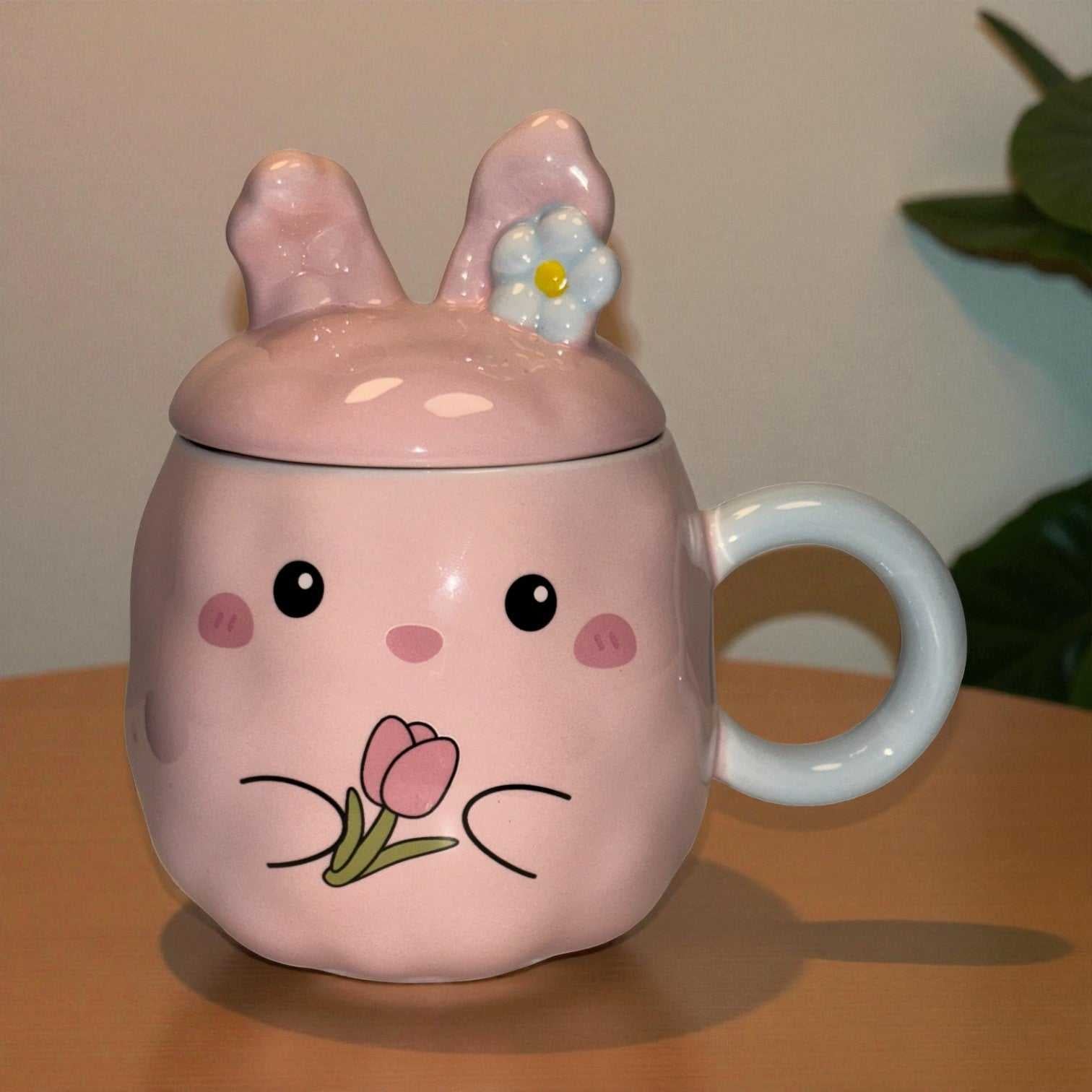 Blush Bunny Ceramic Mug (With Lid) - Pink
