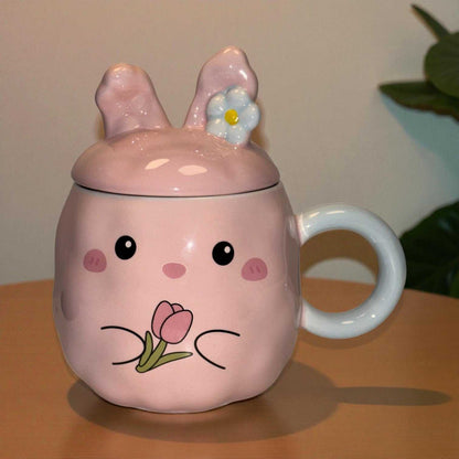 Blush Bunny Ceramic Mug (With Lid) - Pink