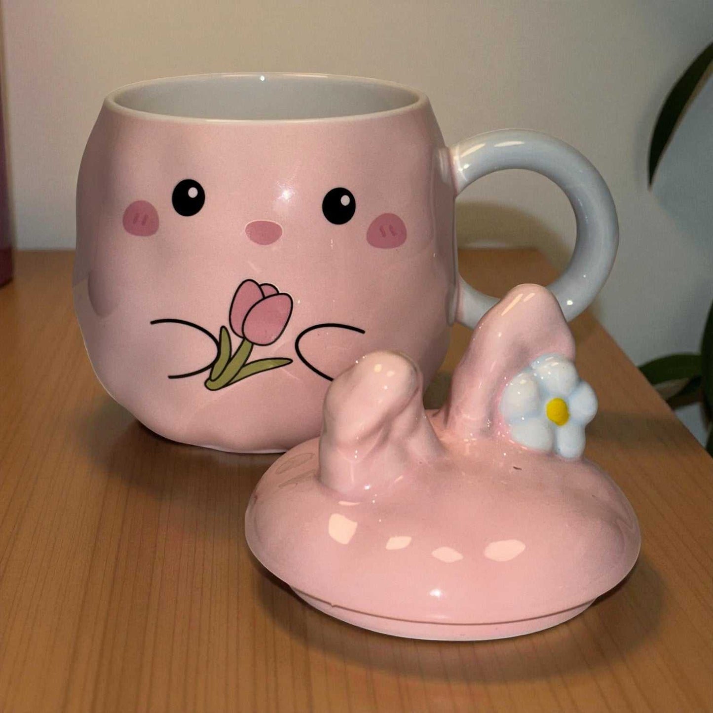 Blush Bunny Ceramic Mug (With Lid) - Pink