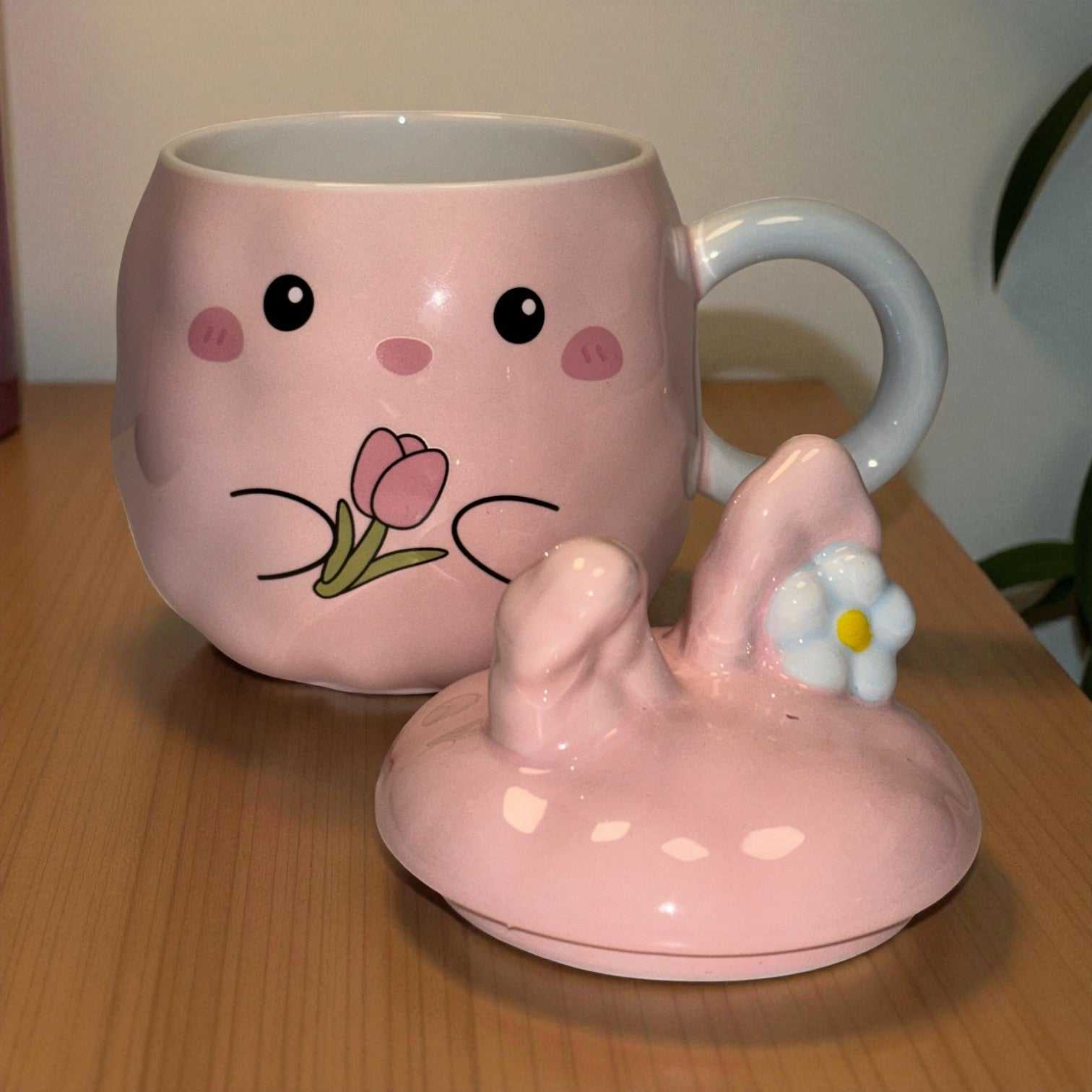 Blush Bunny Ceramic Mug (With Lid) - Pink