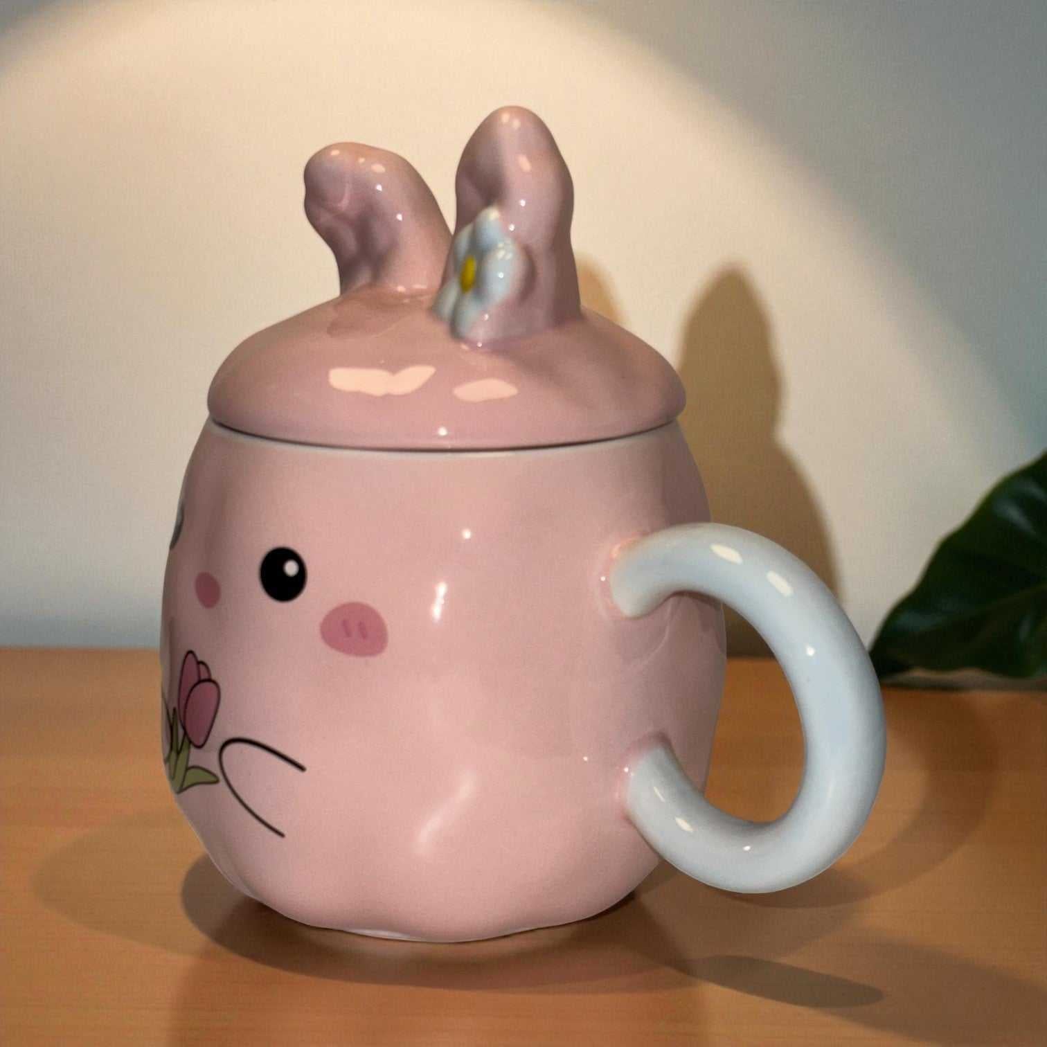 Blush Bunny Ceramic Mug (With Lid) - Pink