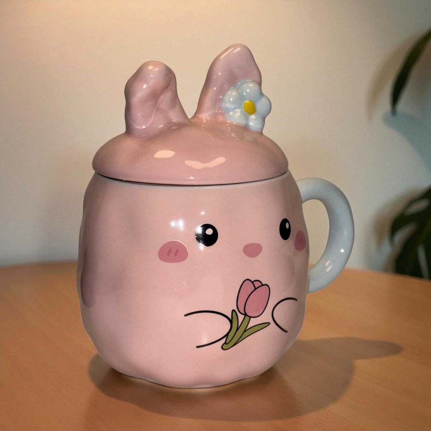 Blush Bunny Ceramic Mug (With Lid) - Pink