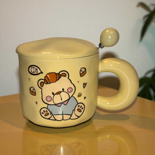 Tiny Greets Ceramic Mug (With Spoon and Lid) - Teddy