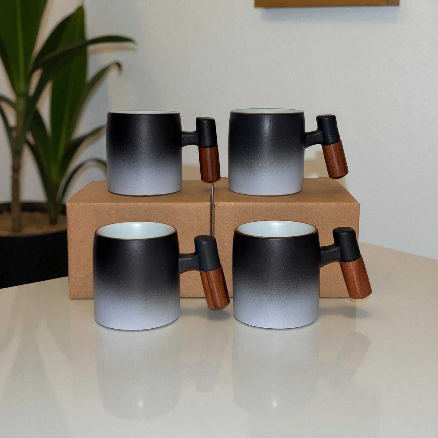 Wabi Fade Demitasse Cup (80 ml Espresso Cup) - Black and White - Wooden Handle
