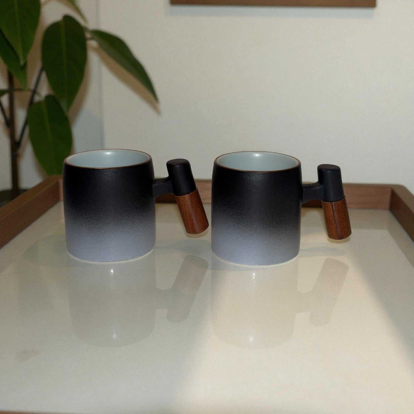 Wabi Fade Demitasse Cup (80 ml Espresso Cup) - Black and White - Wooden Handle