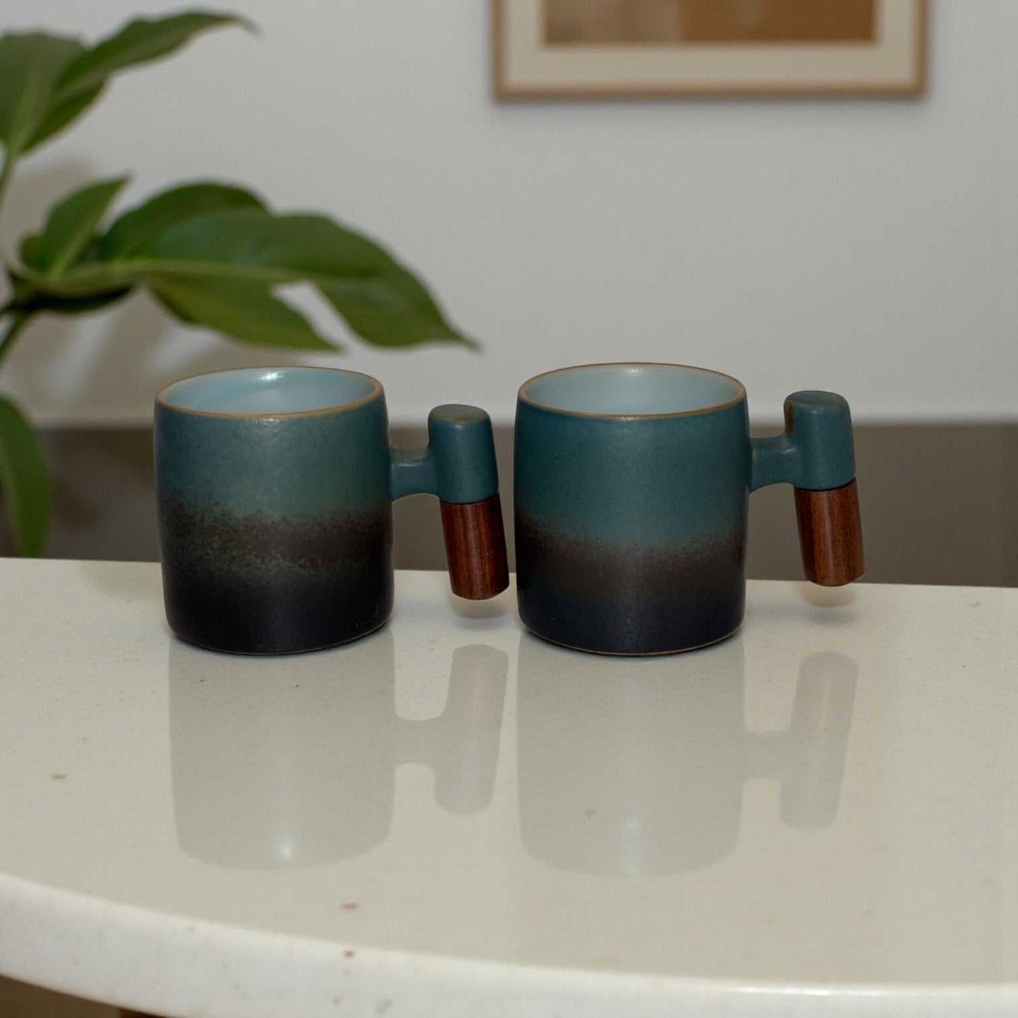 Wabi Fade Demitasse Cup (80 ml Espresso Cup) - Green and Black - Wooden handle