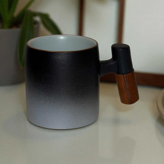 Wabi Fade Demitasse Cup (80 ml Espresso Cup) - Black and White - Wooden Handle