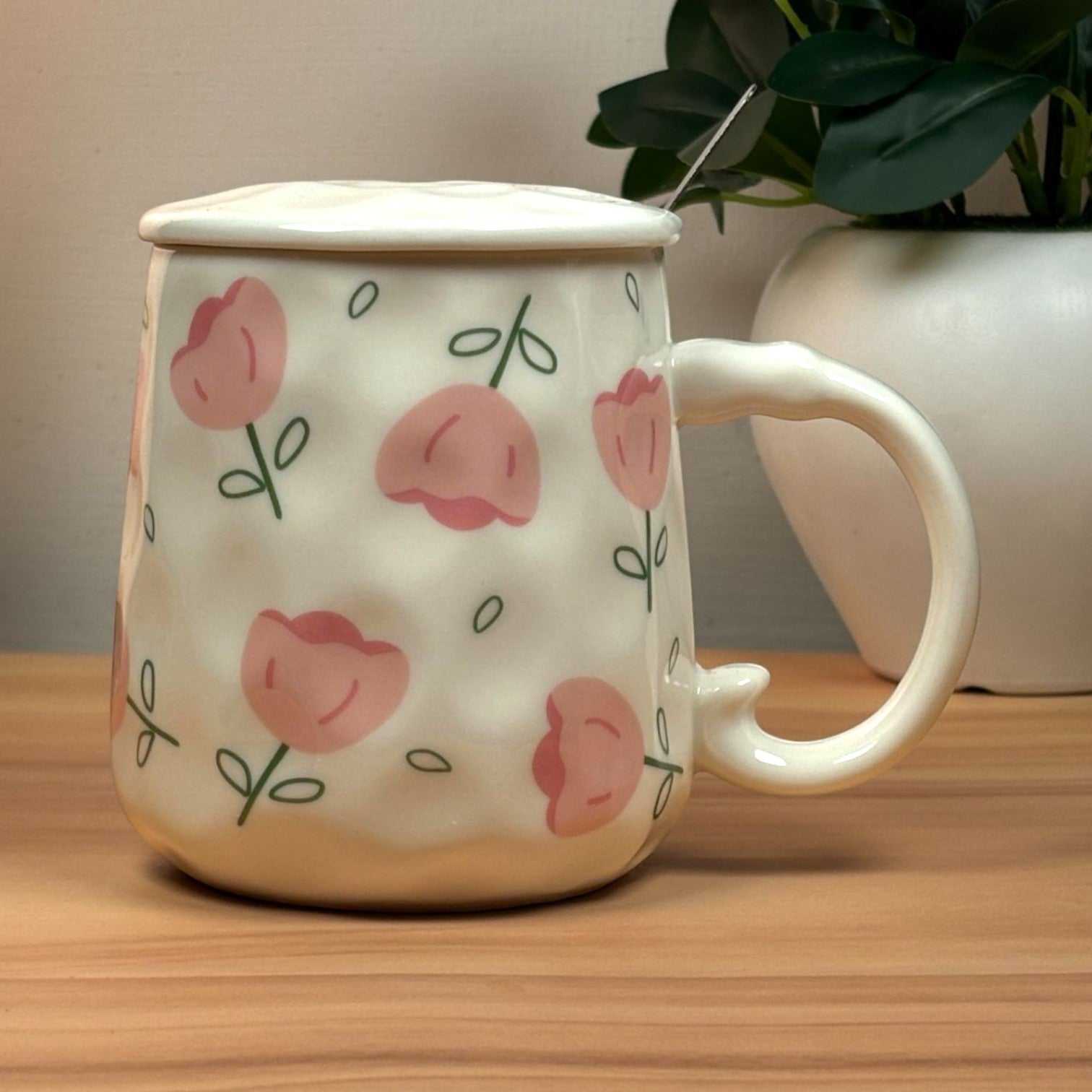 Blush Bloom Ceramic Mug (With Spoon and Lid) - Tulip
