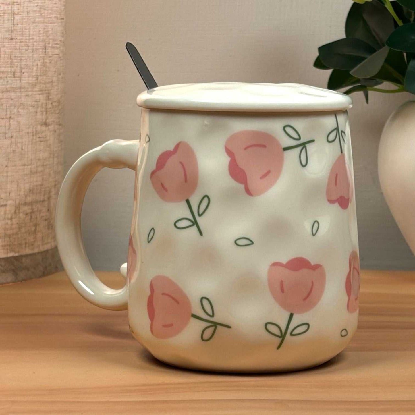 Blush Bloom Ceramic Mug (With Spoon and Lid) - Tulip