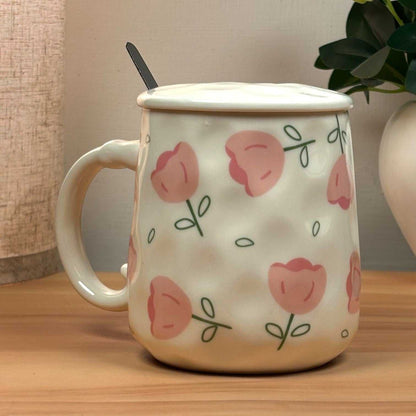 Blush Bloom Ceramic Mug (With Spoon and Lid) - Tulip