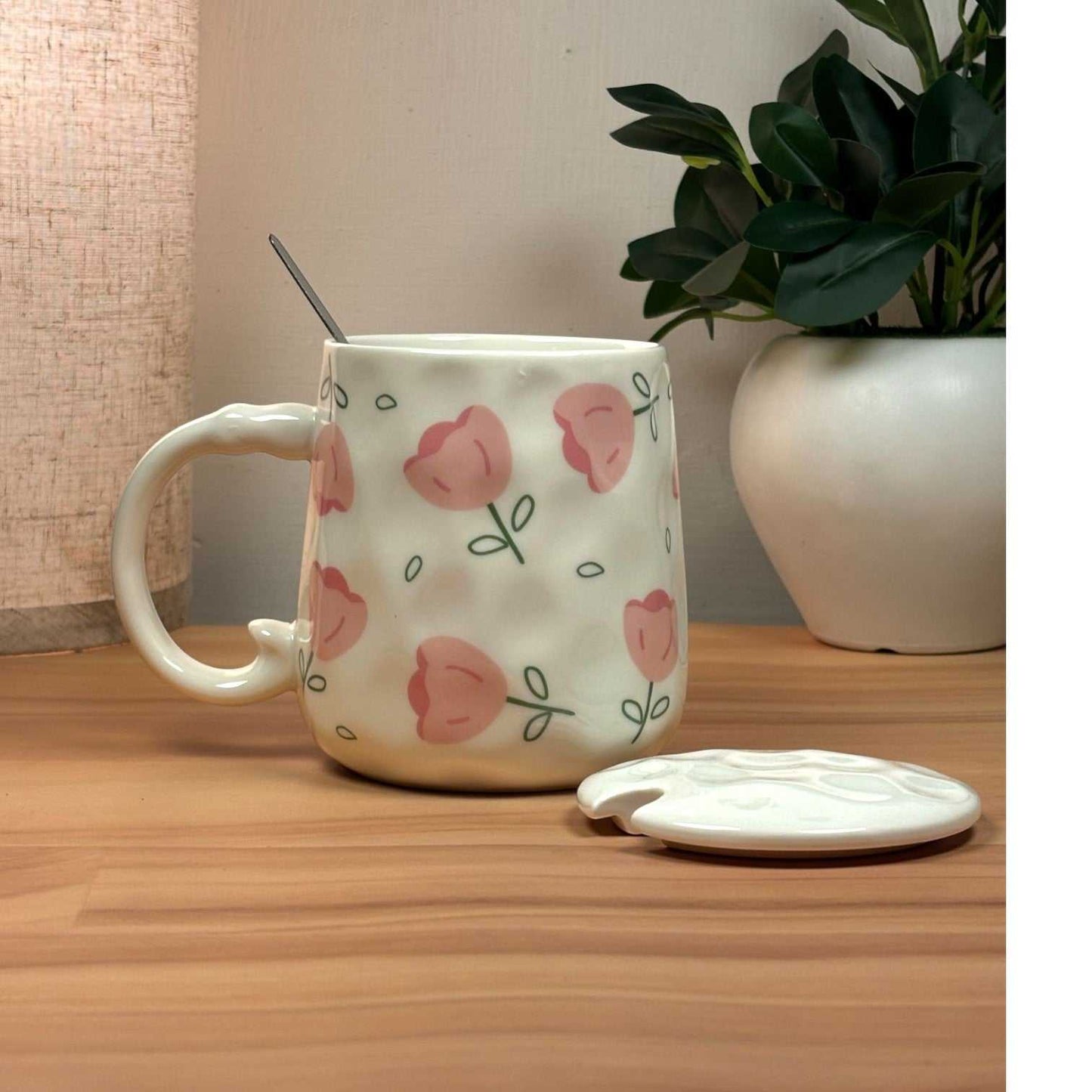 Blush Bloom Ceramic Mug (With Spoon and Lid) - Tulip