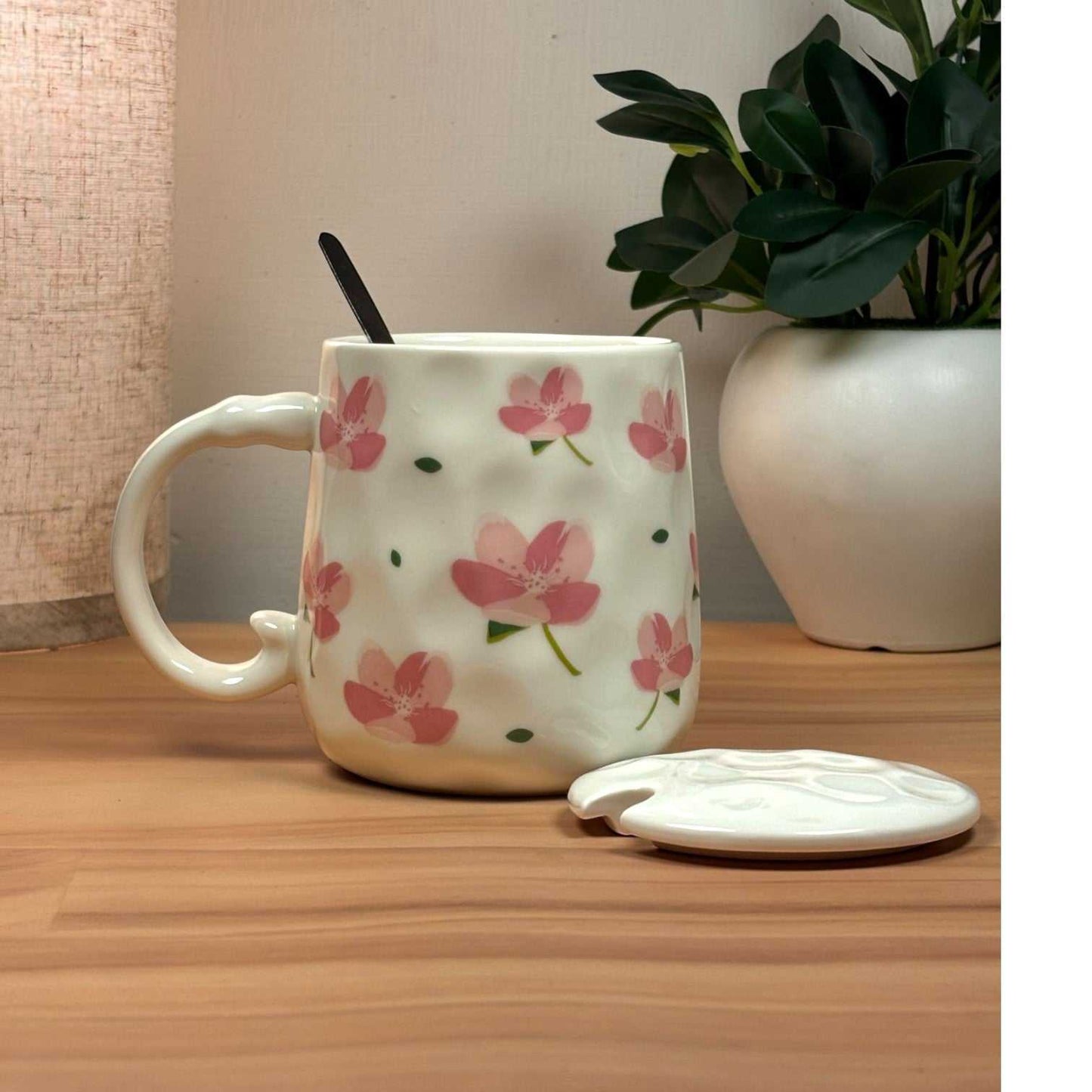Blush Bloom Ceramic Mug (With Spoon and Lid) - Sakura