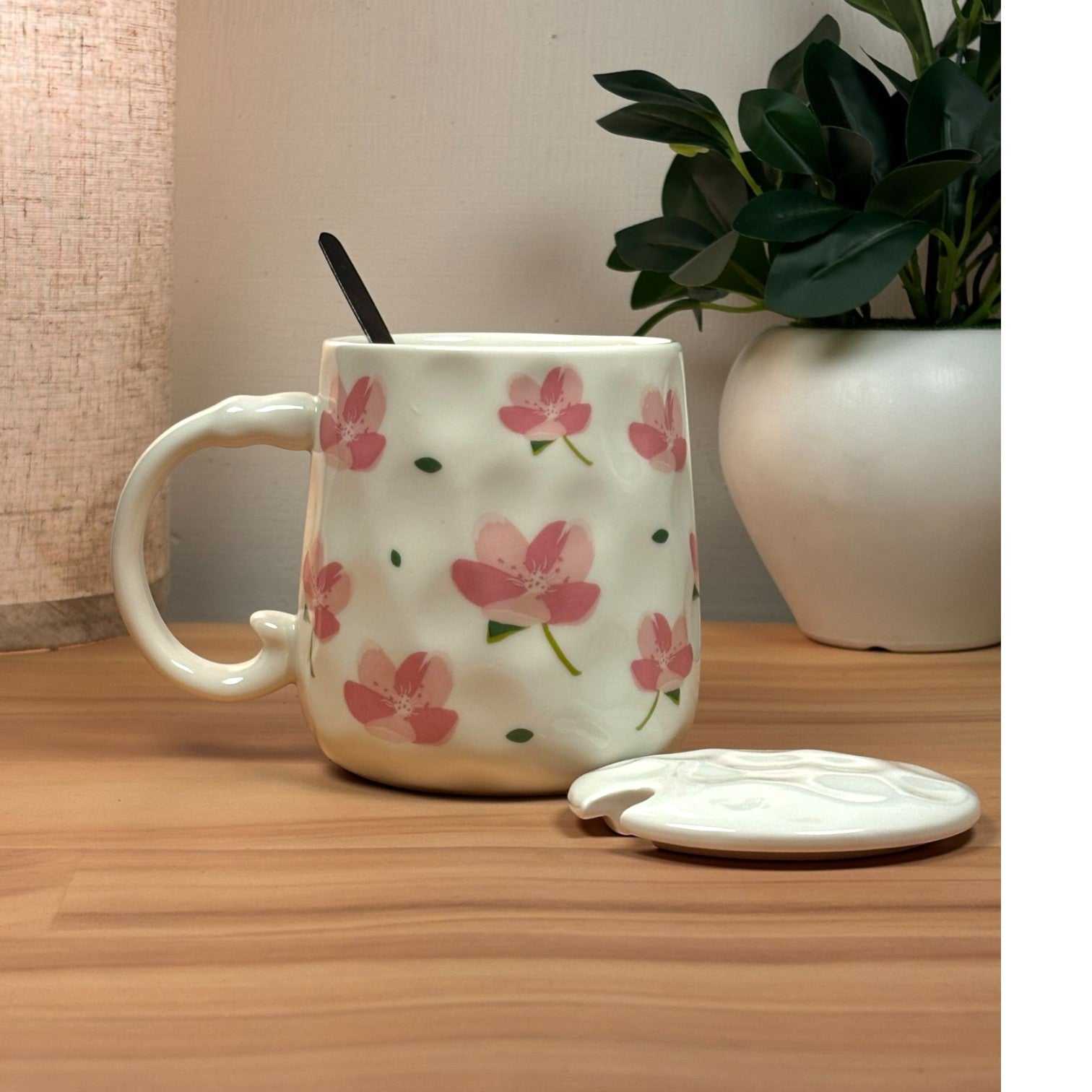 Blush Bloom Ceramic Mug (With Spoon and Lid) - Sakura