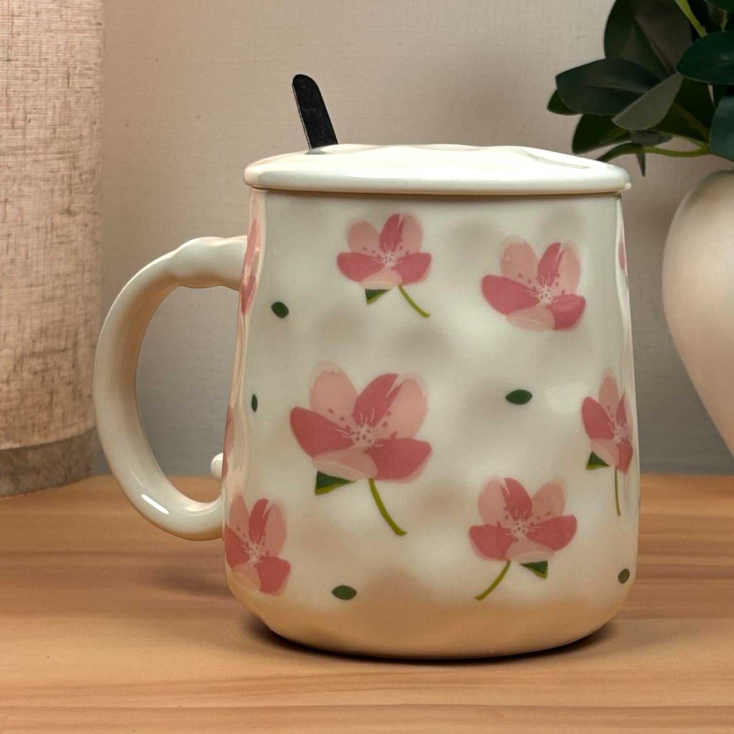 Blush Bloom Ceramic Mug (With Spoon and Lid) - Sakura