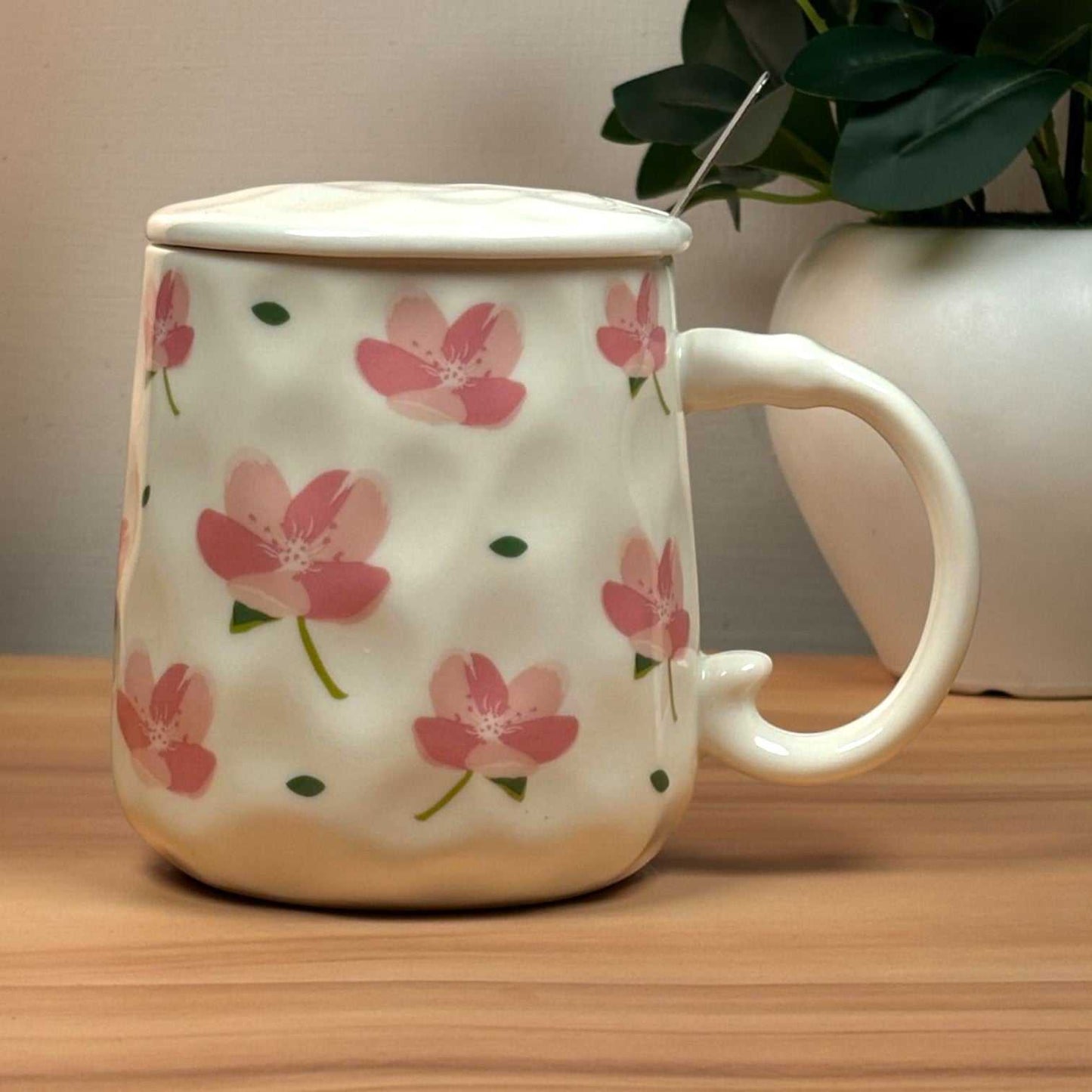 Blush Bloom Ceramic Mug (With Spoon and Lid) - Sakura