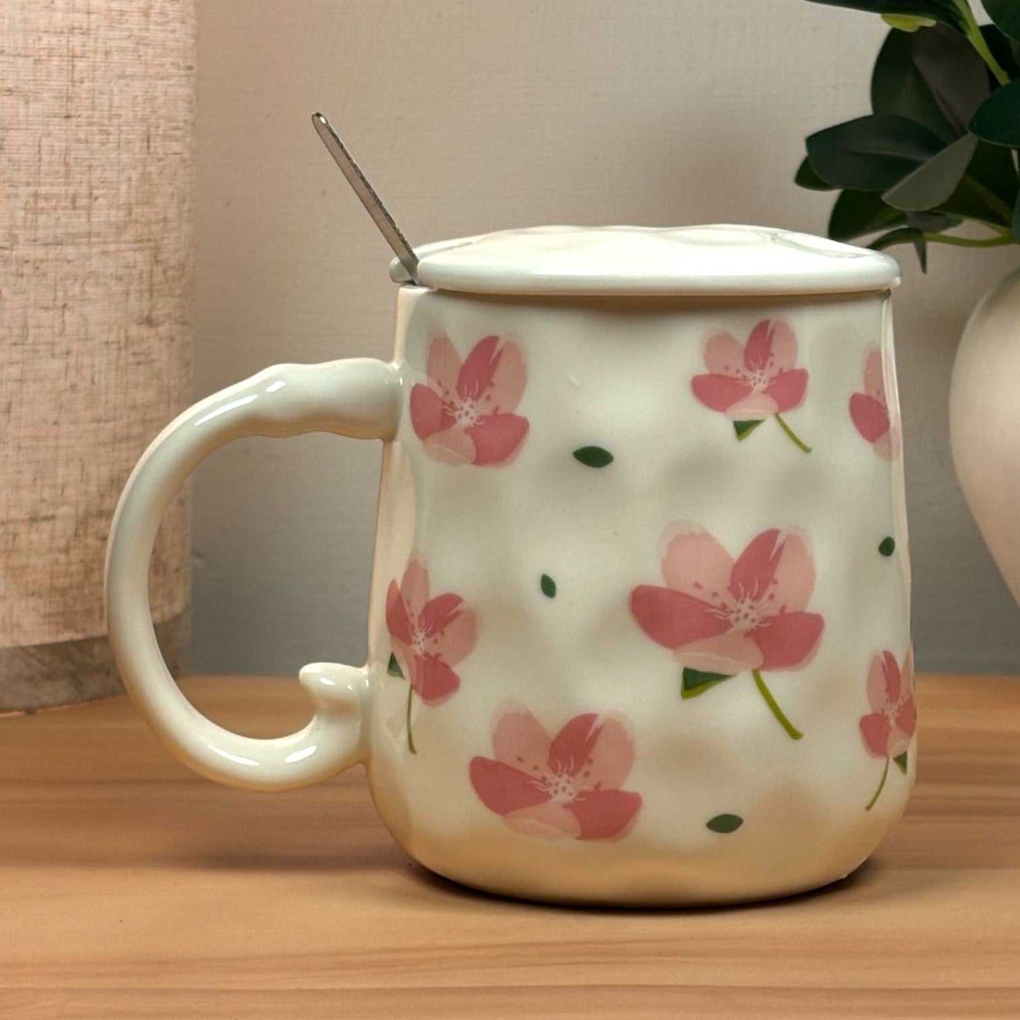 Blush Bloom Ceramic Mug (With Spoon and Lid) - Sakura