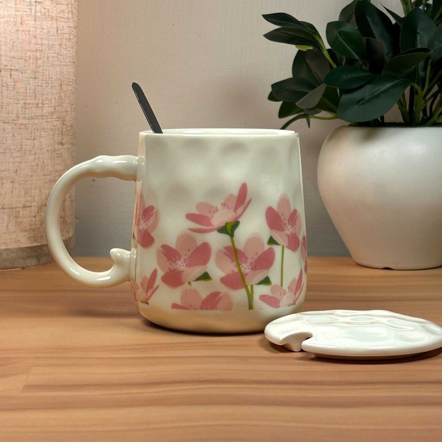 Blush Bloom Ceramic Mug (With Spoon and Lid) - Sakura Rise