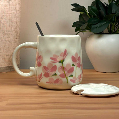 Blush Bloom Ceramic Mug (With Spoon and Lid) - Sakura Rise
