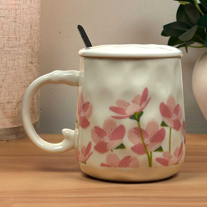 Blush Bloom Ceramic Mug (With Spoon and Lid) - Sakura Rise