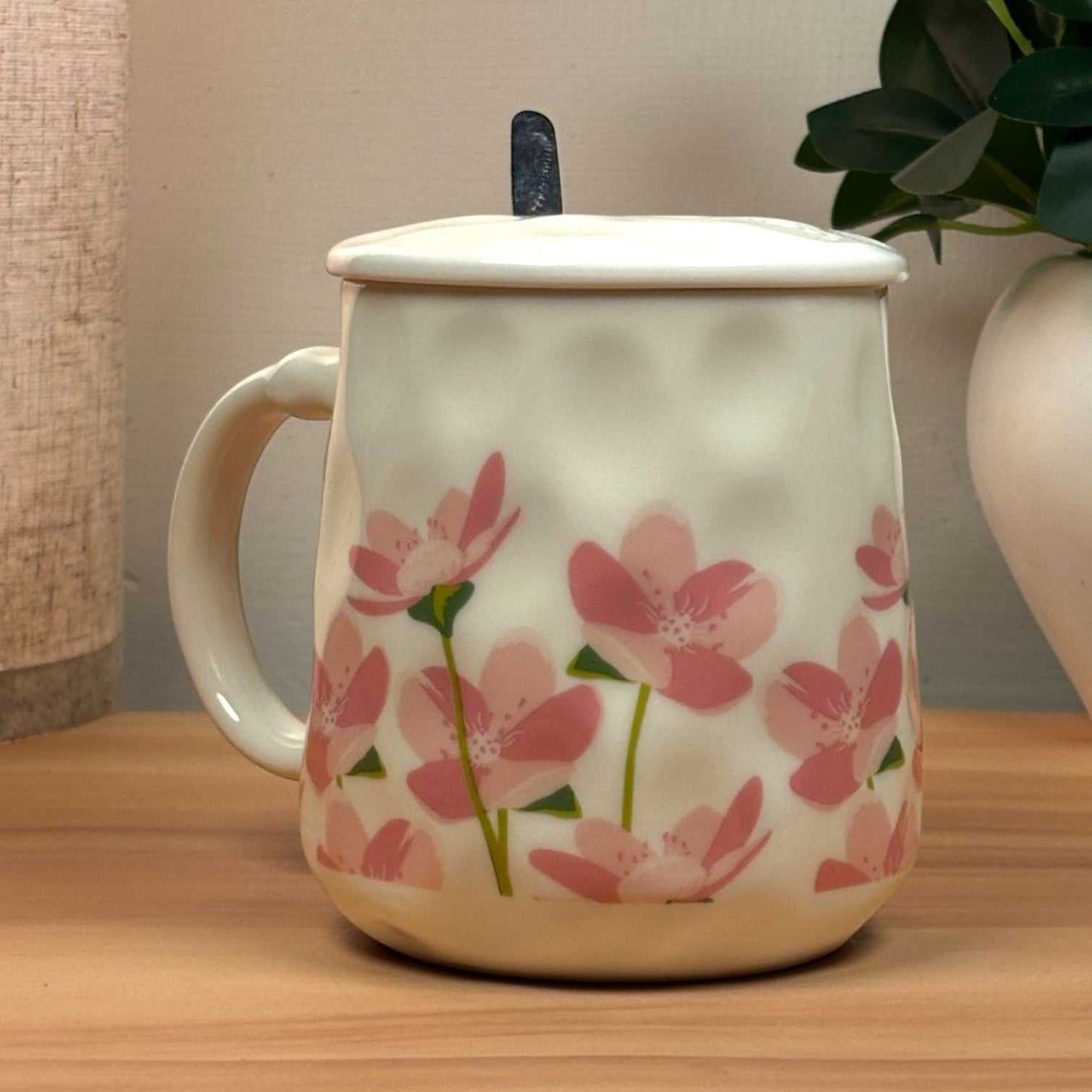Blush Bloom Ceramic Mug (With Spoon and Lid) - Sakura Rise