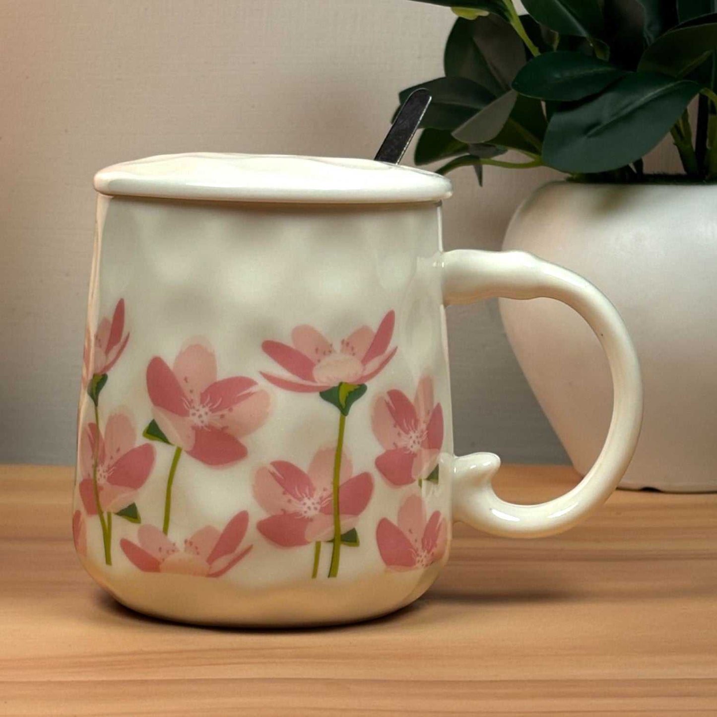 Blush Bloom Ceramic Mug (With Spoon and Lid) - Sakura Rise