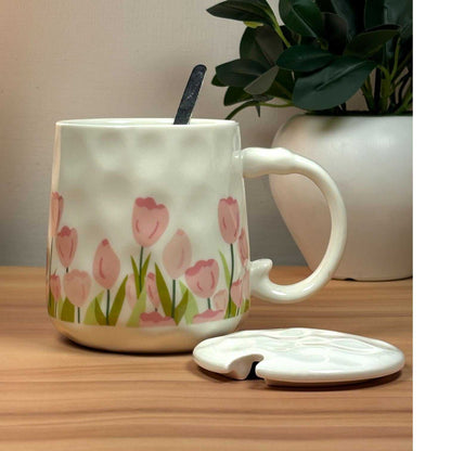 Blush Bloom Ceramic Mug (With Spoon and Lid) - Tulip Rise
