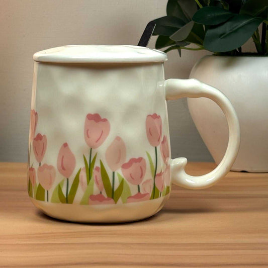 Blush Bloom Ceramic Mug (With Spoon and Lid) - Tulip Rise