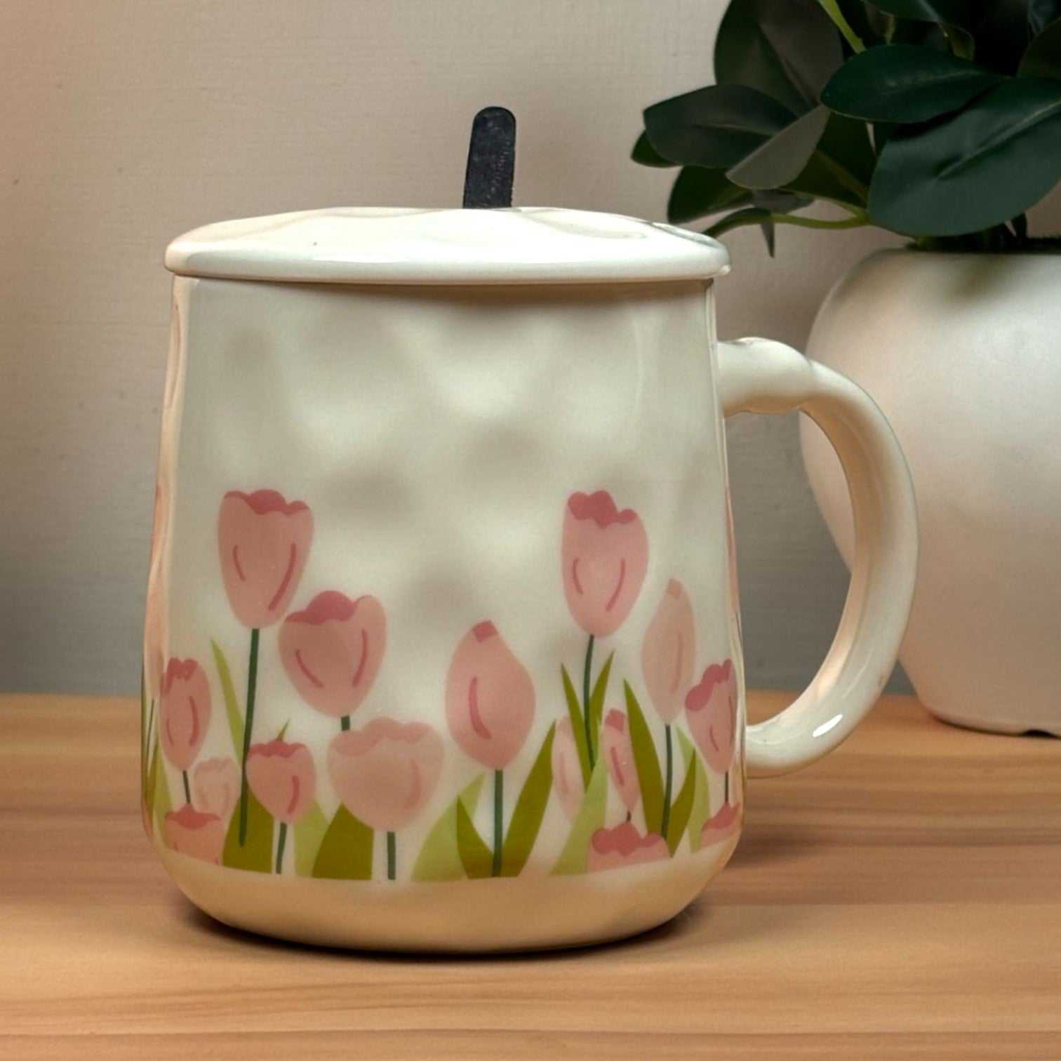 Blush Bloom Ceramic Mug (With Spoon and Lid) - Tulip Rise