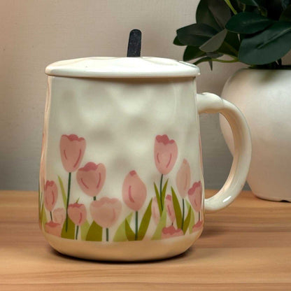 Blush Bloom Ceramic Mug (With Spoon and Lid) - Tulip Rise