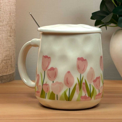 Blush Bloom Ceramic Mug (With Spoon and Lid) - Tulip Rise