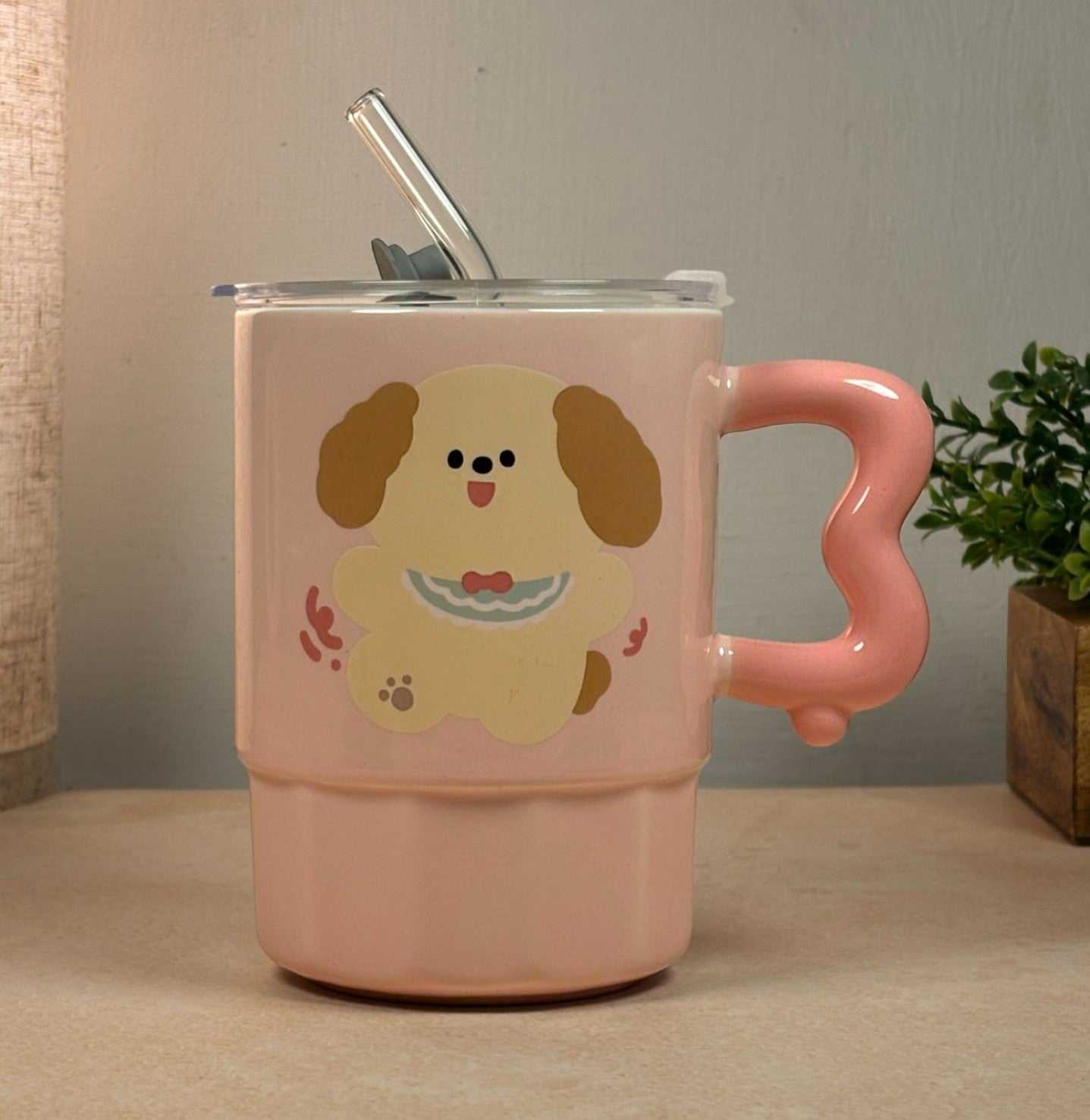 Multipurpose Pink Puppy Ceramic Tumbler (With Straw and Lid)